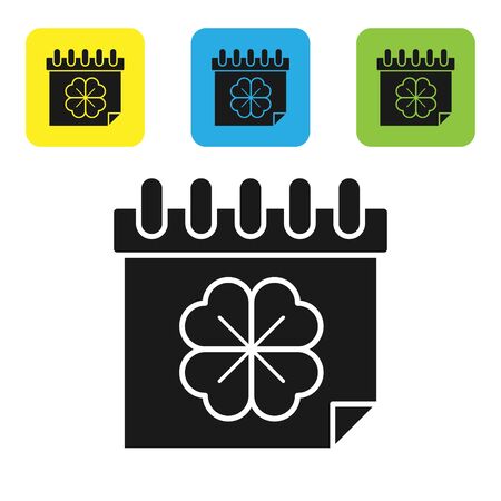 Black Saint Patricks day with calendar icon isolated on white background. Four leaf clover symbol. Date 17 March. Set icons colorful square buttons. Vector Illustrationのイラスト素材