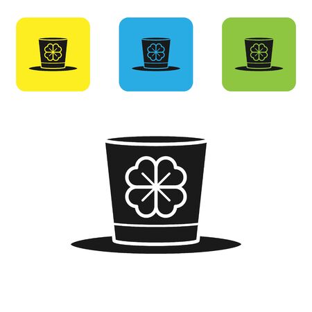 Black Leprechaun hat and four leaf clover icon isolated on white background. Happy Saint Patricks day. Set icons colorful square buttons. Vector Illustrationのイラスト素材