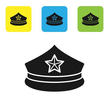 Black Police cap with cockade icon isolated on white background. Police hat sign. Set icons colorful square buttons. Vector Illustrationのイラスト素材
