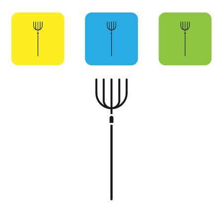 Black Garden pitchfork icon isolated on white background. Garden fork sign. Tool for horticulture, agriculture, farming. Set icons colorful square buttons. Vector Illustrationのイラスト素材
