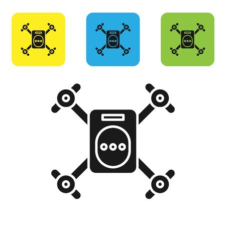 Black Drone flying with action video camera icon isolated on white background. Quadrocopter with video and photo camera symbol. Set icons colorful square buttons. Vector Illustrationのイラスト素材