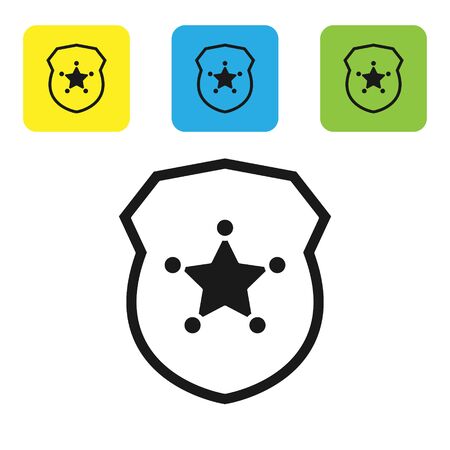 Black Police badge icon isolated on white background. Sheriff badge sign. Set icons colorful square buttons. Vector Illustrationのイラスト素材