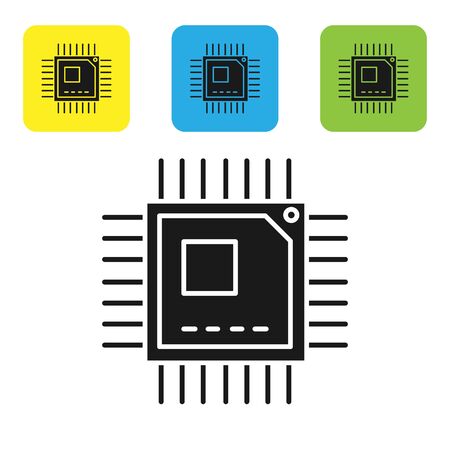 Black Computer processor with microcircuits CPU icon isolated on white background. Chip or cpu with circuit board sign. Micro processor. Set icons colorful square buttons. Vector Illustrationのイラスト素材