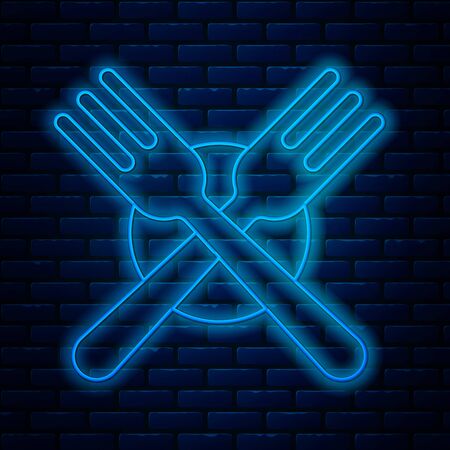 Glowing neon line Crossed fork icon isolated on brick wall background. Cutlery symbol. Vector Illustrationのイラスト素材