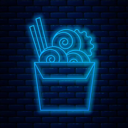 Glowing neon line Asian noodles in paper box and chopsticks icon isolated on brick wall background. Street fast food menu. Korean, Japanese, Chinese food. Vector Illustrationのイラスト素材