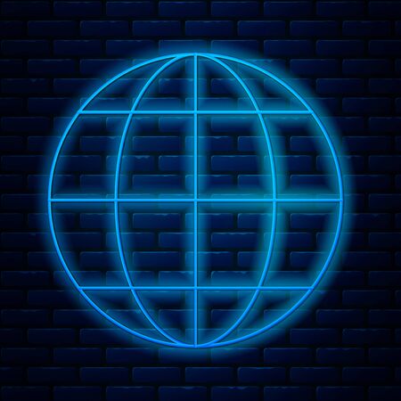 Glowing neon line Earth globe icon isolated on brick wall background. World or Earth sign. Global internet symbol. Geometric shapes. Vector Illustrationのイラスト素材