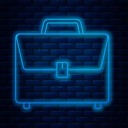 Glowing neon line Briefcase icon isolated on brick wall background. Business case sign. Business portfolio. Vector Illustrationのイラスト素材