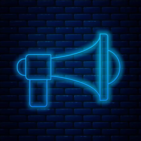 Glowing neon line Megaphone icon isolated on brick wall background. Loud speach alert concept. Bullhorn for Mouthpiece scream promotion. Vector Illustrationのイラスト素材