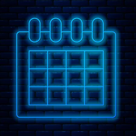 Glowing neon line Calendar icon isolated on brick wall background. Event reminder symbol. Vector Illustrationのイラスト素材