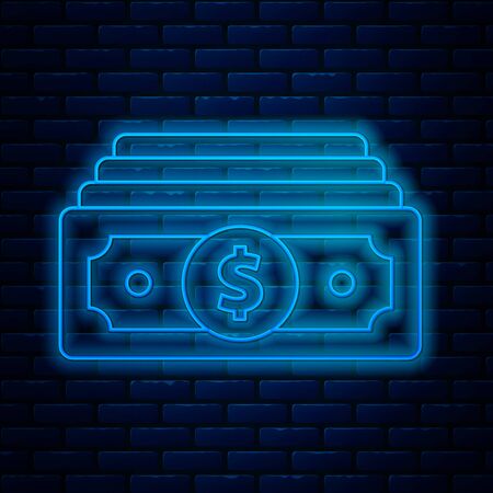 Glowing neon line Stacks paper money cash icon isolated on brick wall background. Money banknotes stacks. Bill currency. Vector Illustrationのイラスト素材