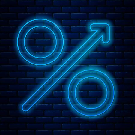 Glowing neon line Percent up arrow icon isolated on brick wall background. Increasing percentage sign. Vector Illustrationのイラスト素材