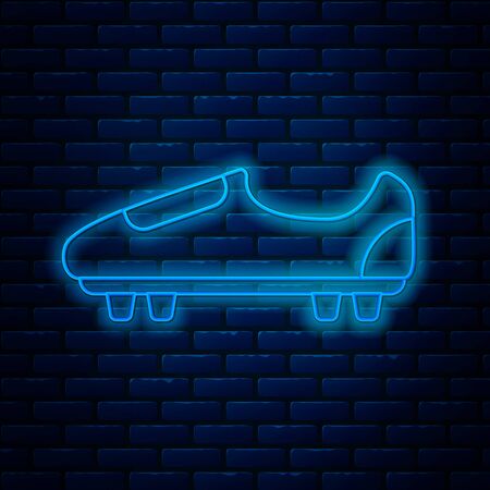 Glowing neon line Soccer or football shoes with spikes icon isolated on brick wall background. American football boot. Vector Illustrationのイラスト素材