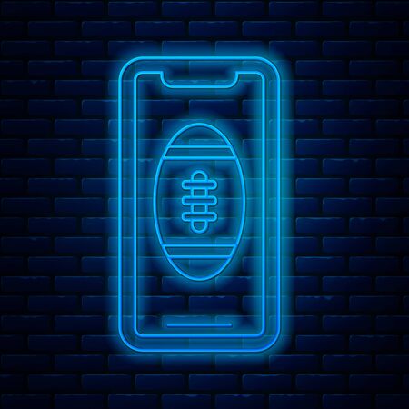 Glowing neon line Smartphone with american football ball on the screen icon isolated on brick wall background. Online football game for mobile phone. Vector Illustrationのイラスト素材
