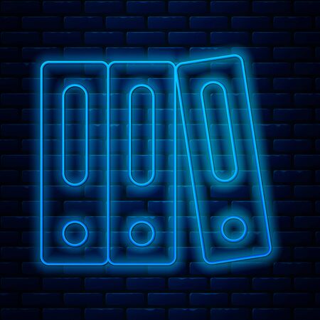 Glowing neon line Office folders with papers and documents icon isolated on brick wall background. Office binders. Archives folder sign. Vector Illustrationのイラスト素材
