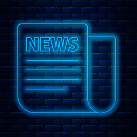 Glowing neon line News icon isolated on brick wall background. Newspaper sign. Mass media symbol. Vector Illustrationのイラスト素材