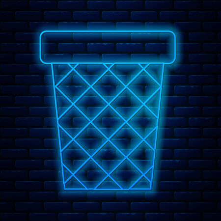 Glowing neon line Trash can icon isolated on brick wall background. Garbage bin sign. Recycle basket icon. Office trash icon. Vector Illustrationのイラスト素材