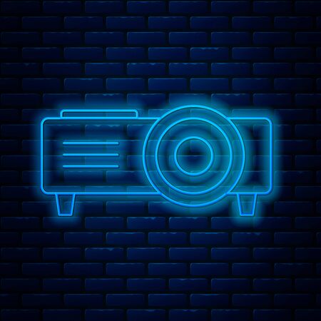 Glowing neon line Presentation, movie, film, media projector icon isolated on brick wall background. Vector Illustrationのイラスト素材