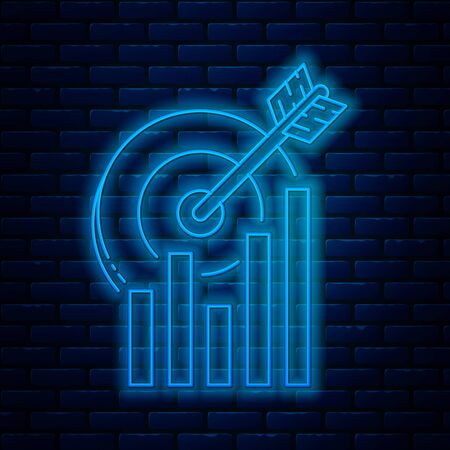 Glowing neon line Target with graph chart icon isolated on brick wall background. Report text file icon. Accounting sign. Audit, analysis, planning. Vector Illustrationのイラスト素材