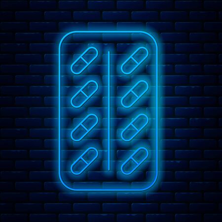 Glowing neon line Pills in blister pack icon isolated on brick wall background. Medical drug package for tablet: vitamin, antibiotic, aspirin. Vector Illustrationのイラスト素材