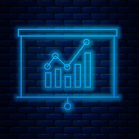 Glowing neon line Board with graph chart icon isolated on brick wall background. Report text file icon. Accounting sign. Audit, analysis, planning. Vector Illustrationのイラスト素材
