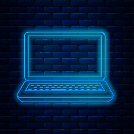 Glowing neon line Laptop icon isolated on brick wall background. Computer notebook with empty screen sign. Vector Illustrationのイラスト素材