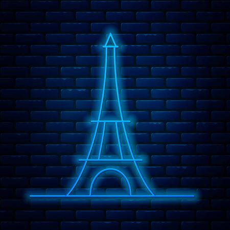 Glowing neon line Eiffel tower icon isolated on brick wall background. France Paris landmark symbol. Vector Illustrationのイラスト素材