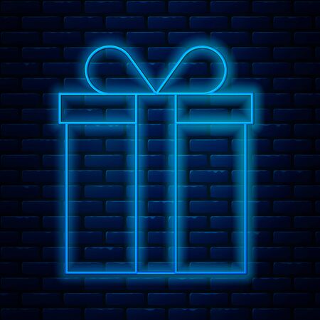 Glowing neon line Gift box icon isolated on brick wall background. Vector Illustrationのイラスト素材