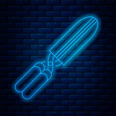 Glowing neon line Gardening handmade scissors for trimming icon isolated on brick wall background. Pruning shears with wooden handles. Vector Illustrationのイラスト素材