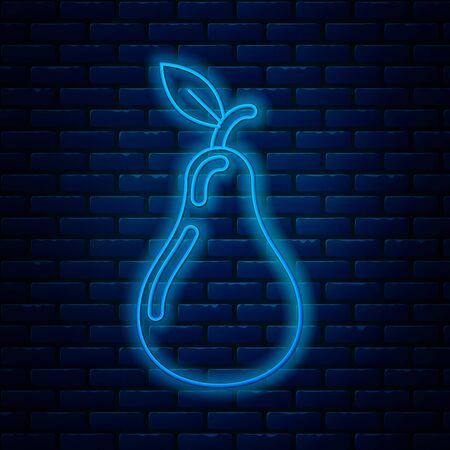 Glowing neon line Pear icon isolated on brick wall background. Fruit with leaf symbol. Vector Illustrationのイラスト素材