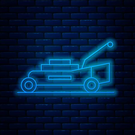 Glowing neon line Lawn mower icon isolated on brick wall background. Lawn mower cutting grass. Vector Illustrationのイラスト素材