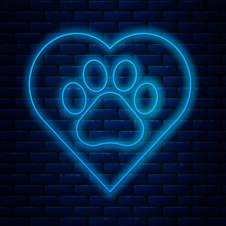 Glowing neon line Heart with animals footprint icon isolated on brick wall background. Pet paw in heart. Love to the animals. Vector Illustrationのイラスト素材