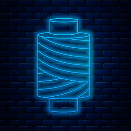 Glowing neon line Sewing thread on spool icon isolated on brick wall background. Yarn spool. Thread bobbin. Vector Illustrationのイラスト素材