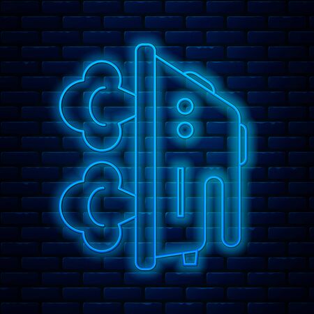 Glowing neon line Electric iron icon isolated on brick wall background. Steam iron. Vector Illustrationのイラスト素材