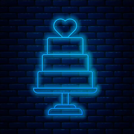 Glowing neon line Wedding cake with heart icon isolated on brick wall background. Vector Illustrationのイラスト素材