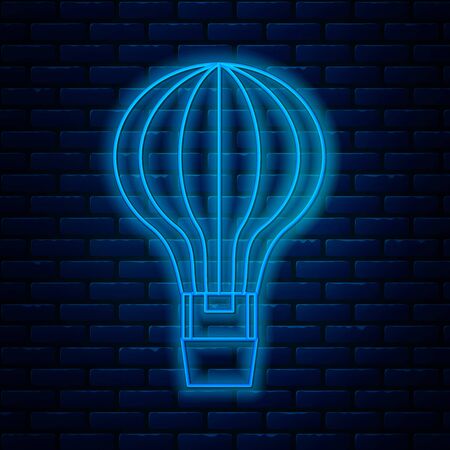 Glowing neon line Hot air balloon icon isolated on brick wall background. Air transport for travel. Vector Illustrationのイラスト素材