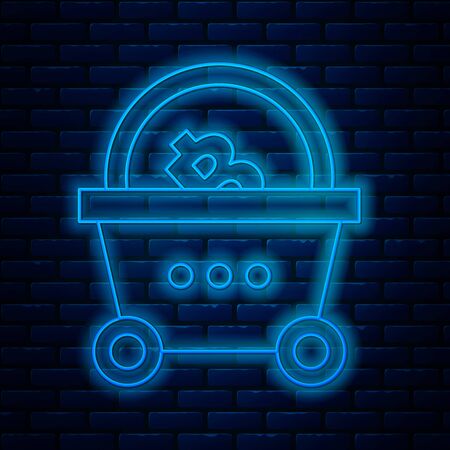 Glowing neon line Shopping basket with bitcoin icon isolated on brick wall background. Blockchain technology, cryptocurrency mining, digital money market. Vector Illustrationのイラスト素材