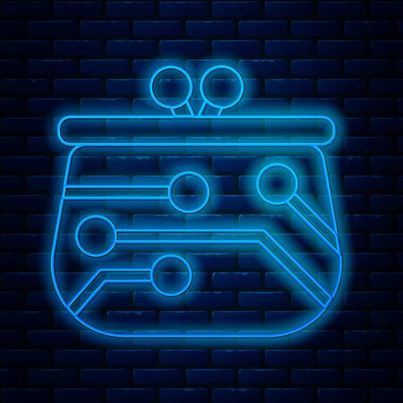 Glowing neon line Cryptocurrency wallet icon isolated on brick wall background. Wallet and bitcoin sign. Mining concept. Money, payment, cash, pay icon. Vector Illustrationのイラスト素材