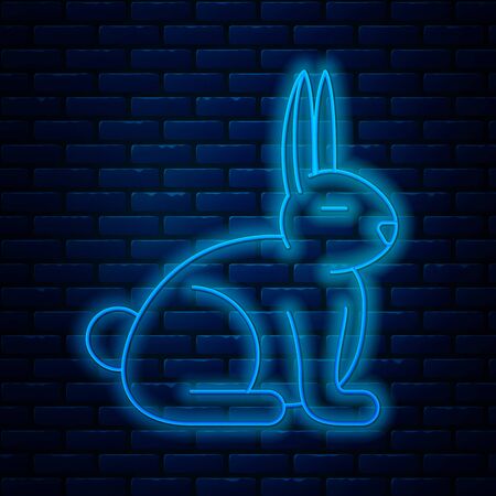 Glowing neon line Rabbit icon isolated on brick wall background. Vector Illustrationのイラスト素材