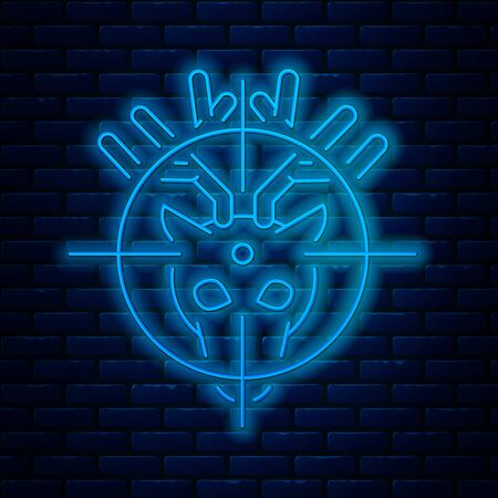 Glowing neon line Hunt on deer with crosshairs icon isolated on brick wall background. Hunting club with deer and target. Rifle lens aiming a deer. Vector Illustrationのイラスト素材