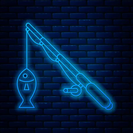 Glowing neon line Fishing rod and fish icon isolated on brick wall background. Fishing equipment and fish farming topics. Vector Illustrationのイラスト素材