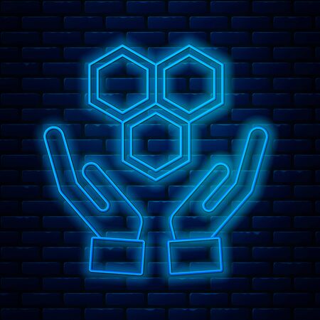 Glowing neon line Honeycomb and hands icon isolated on brick wall background. Honey cells symbol. Sweet natural food. Vector Illustrationのイラスト素材