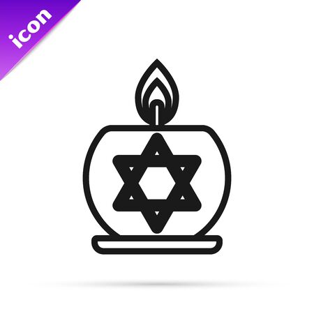 Black line Burning candle in candlestick with star of david icon isolated on white background. Cylindrical candle stick with burning flame. Vector Illustrationのイラスト素材