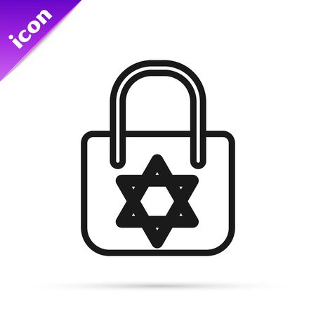 Black line Shopping bag with star of david icon isolated on white background. Package sign. Vector Illustrationのイラスト素材