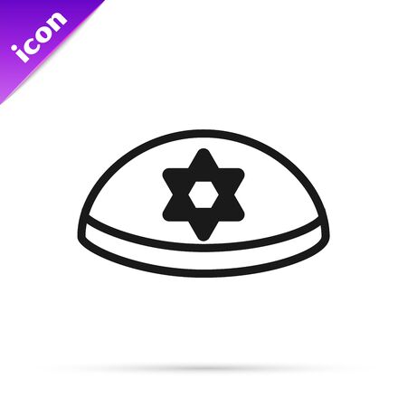 Black line Jewish kippah with star of david icon isolated on white background. Jewish yarmulke hat. Vector Illustrationのイラスト素材