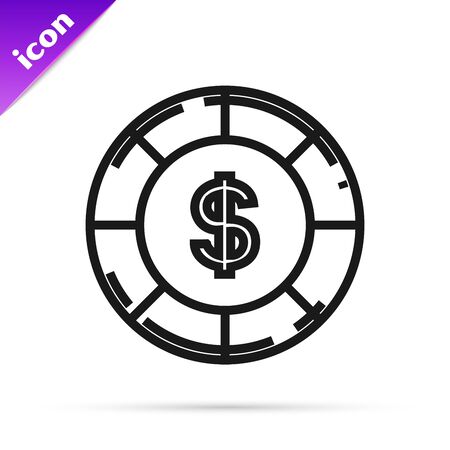 Black line Casino chip with dollar symbol icon isolated on white background. Casino gambling. Vector Illustrationのイラスト素材