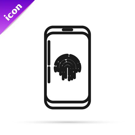 Black line Smartphone with fingerprint scanner icon isolated on white background. Concept of security, personal access via finger on mobile phone. Vector Illustrationのイラスト素材
