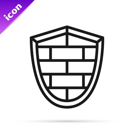 Black line Shield with cyber security brick wall icon isolated on white background. Data protection symbol.のイラスト素材