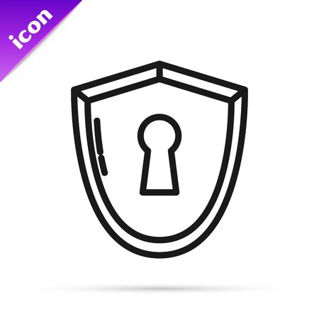 Black line Shield with keyhole icon isolated on white background. Protection, security concept. Safety badge icon. Privacy banner. Defense tag. Vector Illustrationのイラスト素材