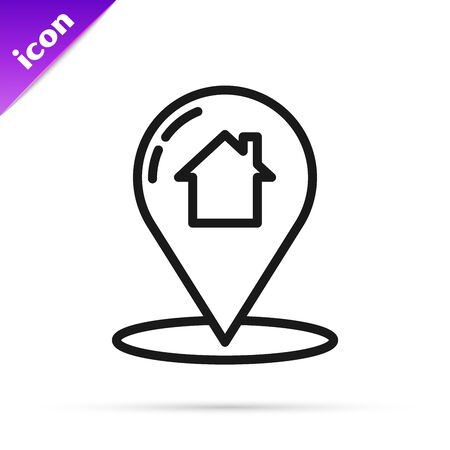 Black line Map pointer with house icon isolated on white background. Home location marker symbol. Vector Illustrationのイラスト素材