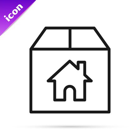 Black line Cardboard box with house symbol icon isolated on white background. Box, package, parcel sign. Delivery, transportation and shipping. Vector Illustrationのイラスト素材
